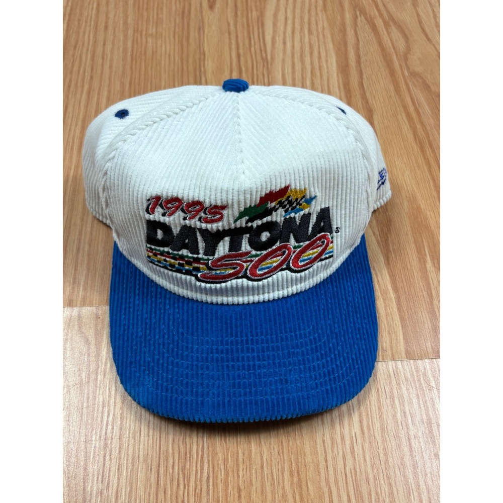 Vintage New Era 1995 Daytona 500 NASCAR Corduroy Snapback Hat White Blue